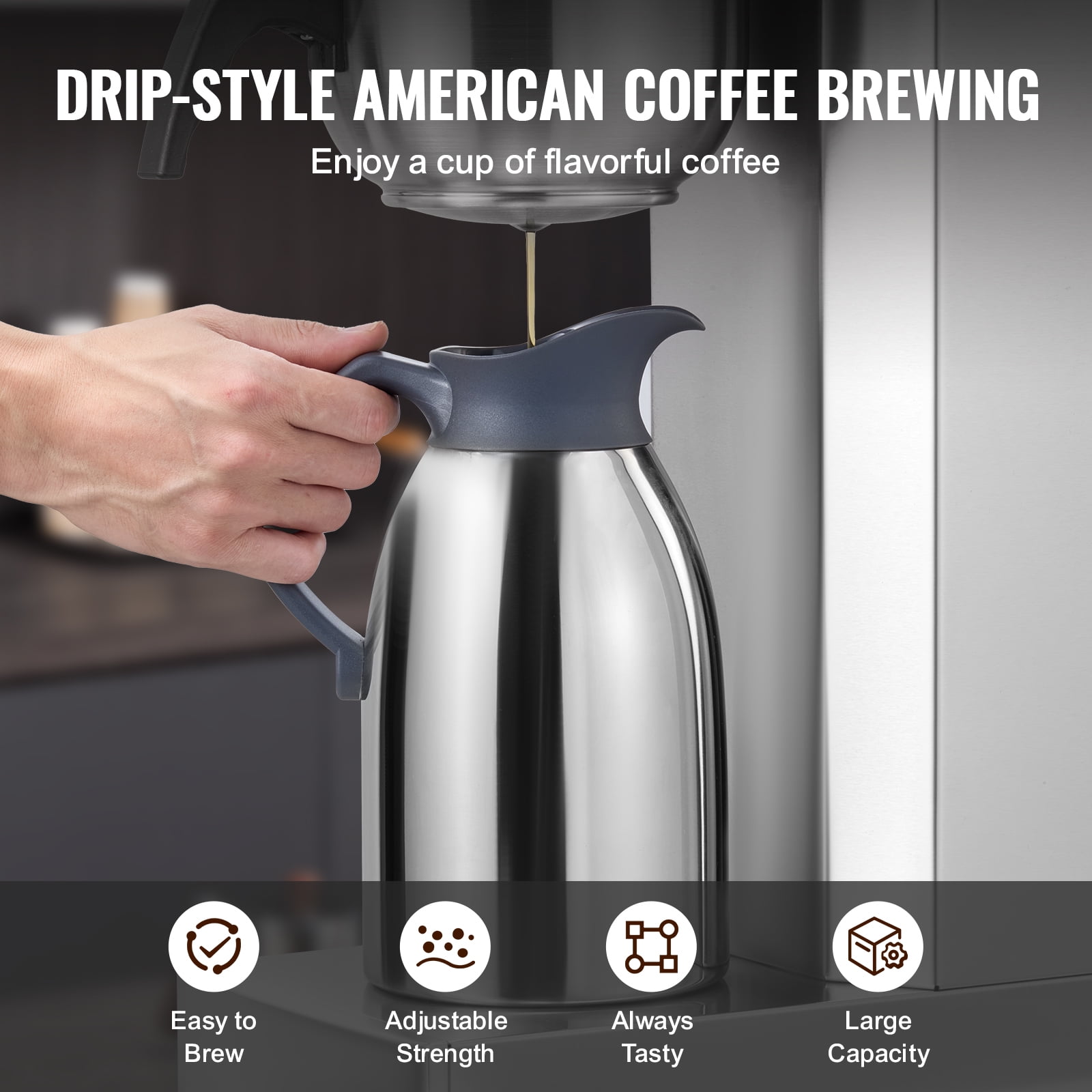 VEVOR 12 Cups Commercial Drip Coffee Maker, Coffee Maker Machine with Thermal Carafe to Keep Warm or Cold, Stainless Steel Pour Over Coffee Brewer for Restaurant, Office, Cafe