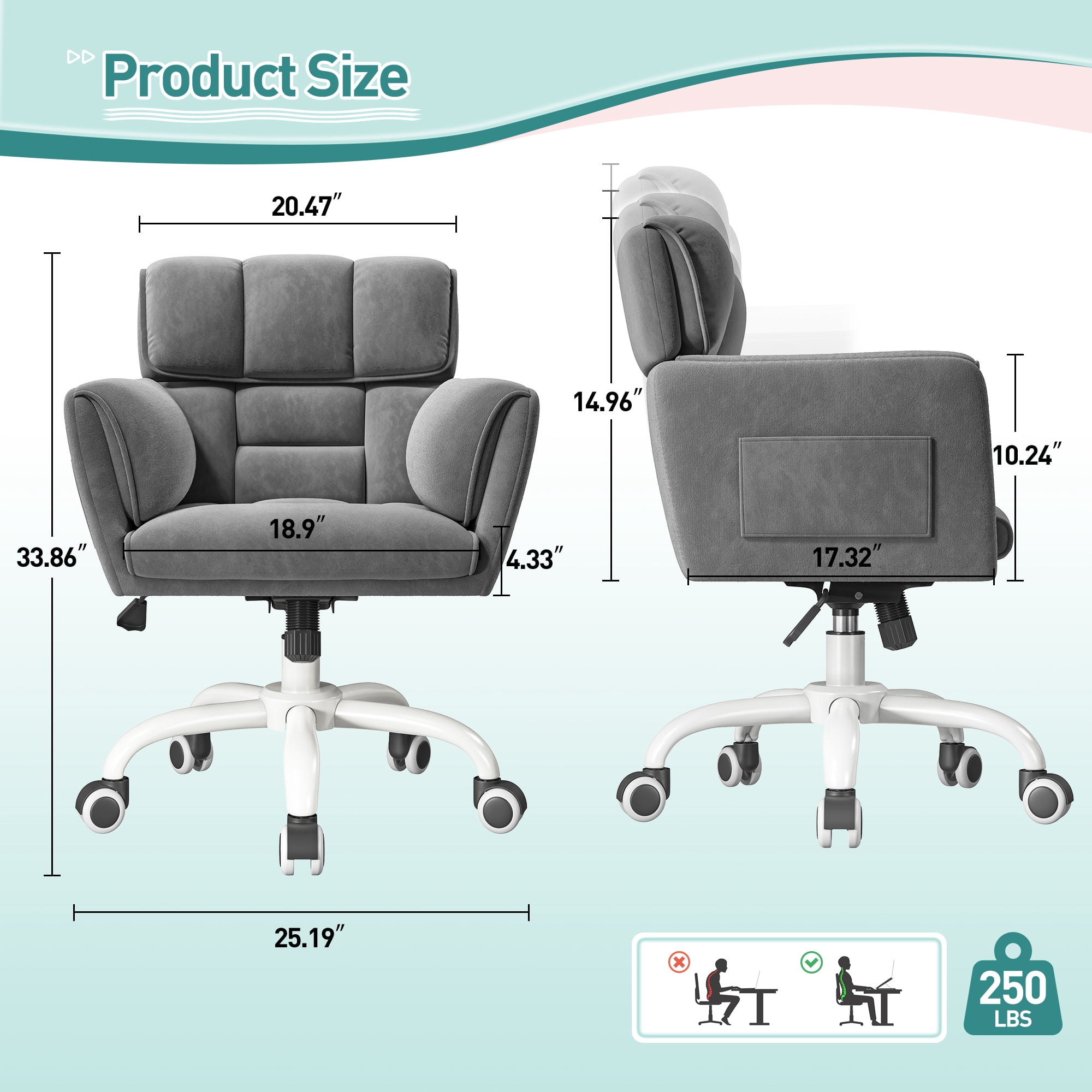 Romorgniz Adjustable Office Chair with Wheels, Soft-Touch Upholstered Desk Chair with Side Pockets, Ergonomic Vanity Chair for Bedroom, Home Office, Grey