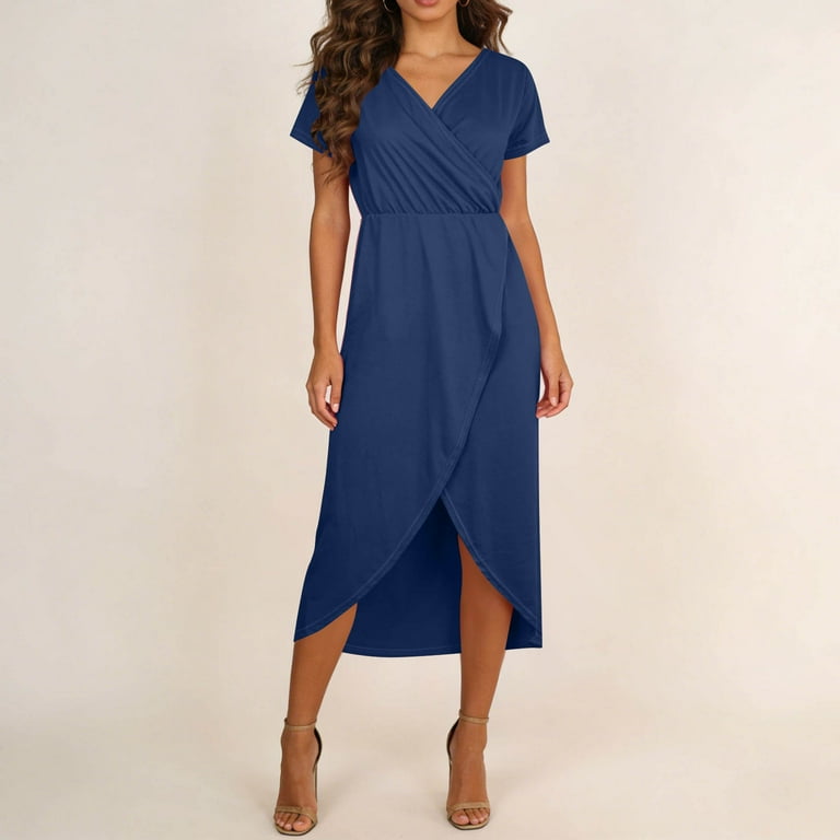 midi navy blue dresses casual Womens Summer Cross Midi Dresses Casual Boho Deep V Neck Short Sleeve Split  Beach Long Dresses Navy, L