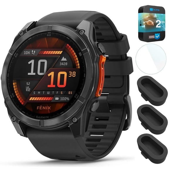 Garmin 010-02905-00 Fenix 8 51 mm AMOLED Slate Gray with Black Silicone Band Bundle with Silicone Dust Cover 3 Pack, 1.4 Inch Screen Protector and 2 YR CPS Enhanced Protection Pack
