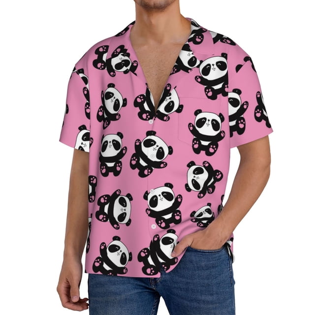 Fotbe Cute Panda Camisa Estampada de Manga Corta para Hombre, Casual de Verano, Estilo Playero, Sin Arrugas-4X-Large
