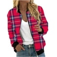 thumbnail image 2 of QUNYINEY Plaid Womens Jackets Red Zip Up Casual Bomber Lightweight Jacket Long Sleeve Slim Short Stand Collar Hoodless Coats, 2 of 5