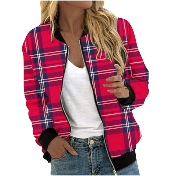 Herrnalise Women's Bomber Jacket Casual Coat Zip Up Outerwear Windbreaker Plaid Overcoat With Pockets Red,M