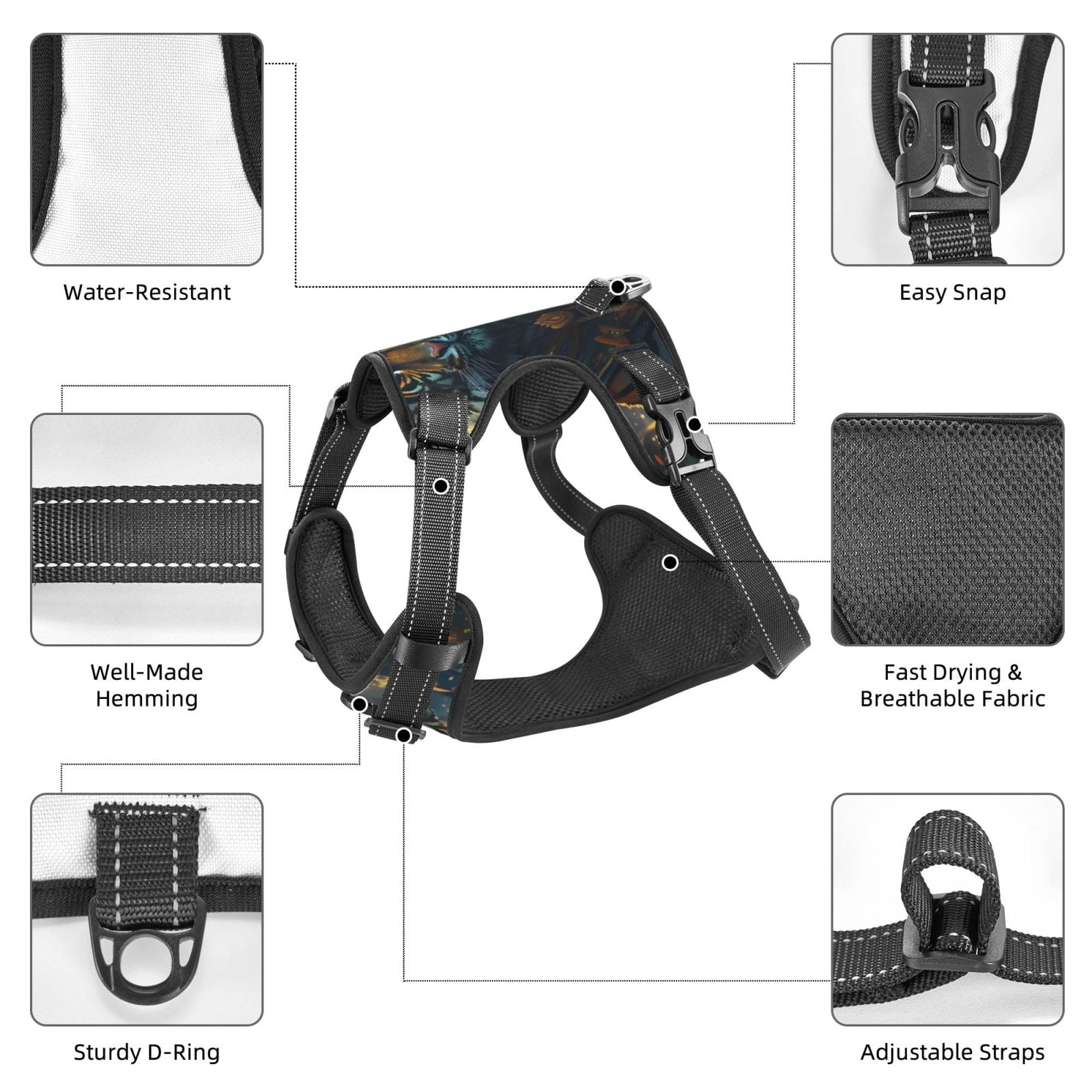 Picia Forest Meditating Tiger No-Pull Dog Harness Reflective Front Clip Vest with Handle,Step-in Air Dog Harness,Adjustable 2 Metal Rings 4 Buckles,Easy to Put on & Take Off Small