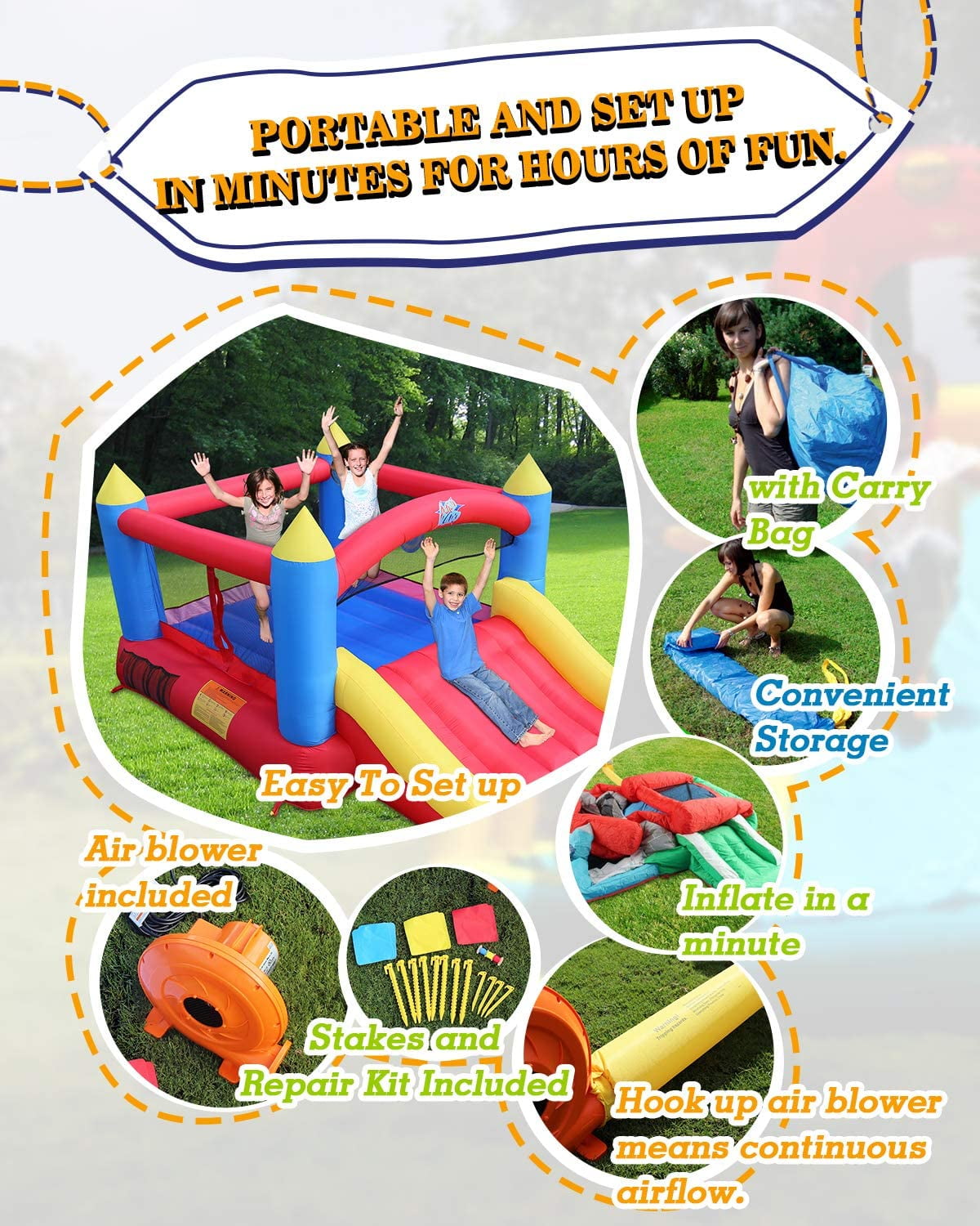 Action Air Inflatable Bounce House, Bouncer with Air Blower, Bouncy Castle with Durable Slide for Age 3-10