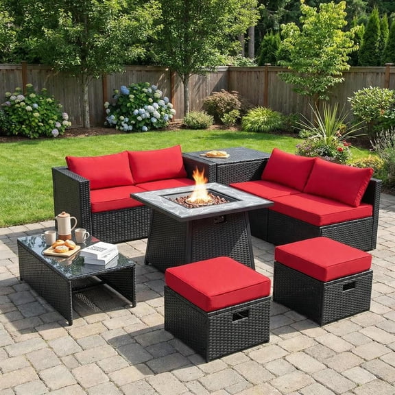 Topcobe 9 Pieces Outdoor Wicker Sectional with 35 Inch Gas Fire Pit Table, Modern Patio Furniture Set-Red