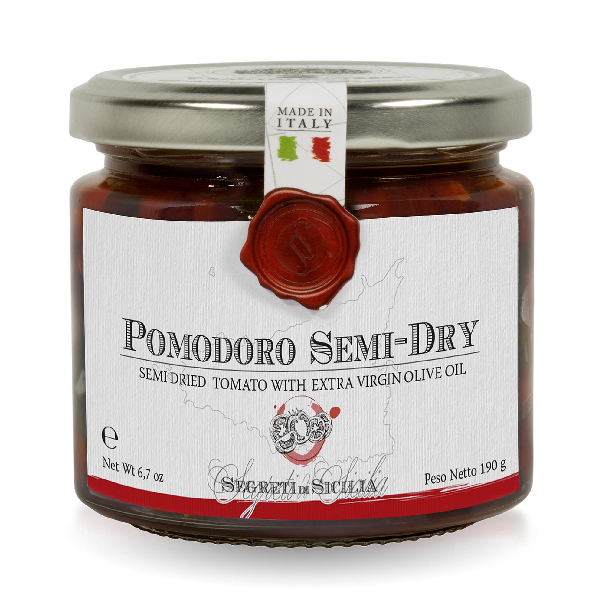 Frantoi Cutrera Semi-Dried Cherry Tomatoes in EVOO - 6.7 oz, 2 Pack, Italian Pomodorino Semi Secco. In extra virgin olive oil with garlic and basil. Ideal for bruschetta, pasta, and starters.