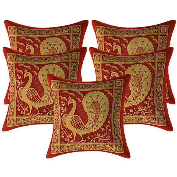 Stylo Culture Indian Decorative Brocade Burgundy Maroon And Gold Sofa Throw Pillow Covers 12x12 Jacquard Weave Banarasi Accent Pillow Cases Dancing Peacock Floral 30x30 cm Cushion Covers (Set Of 5)