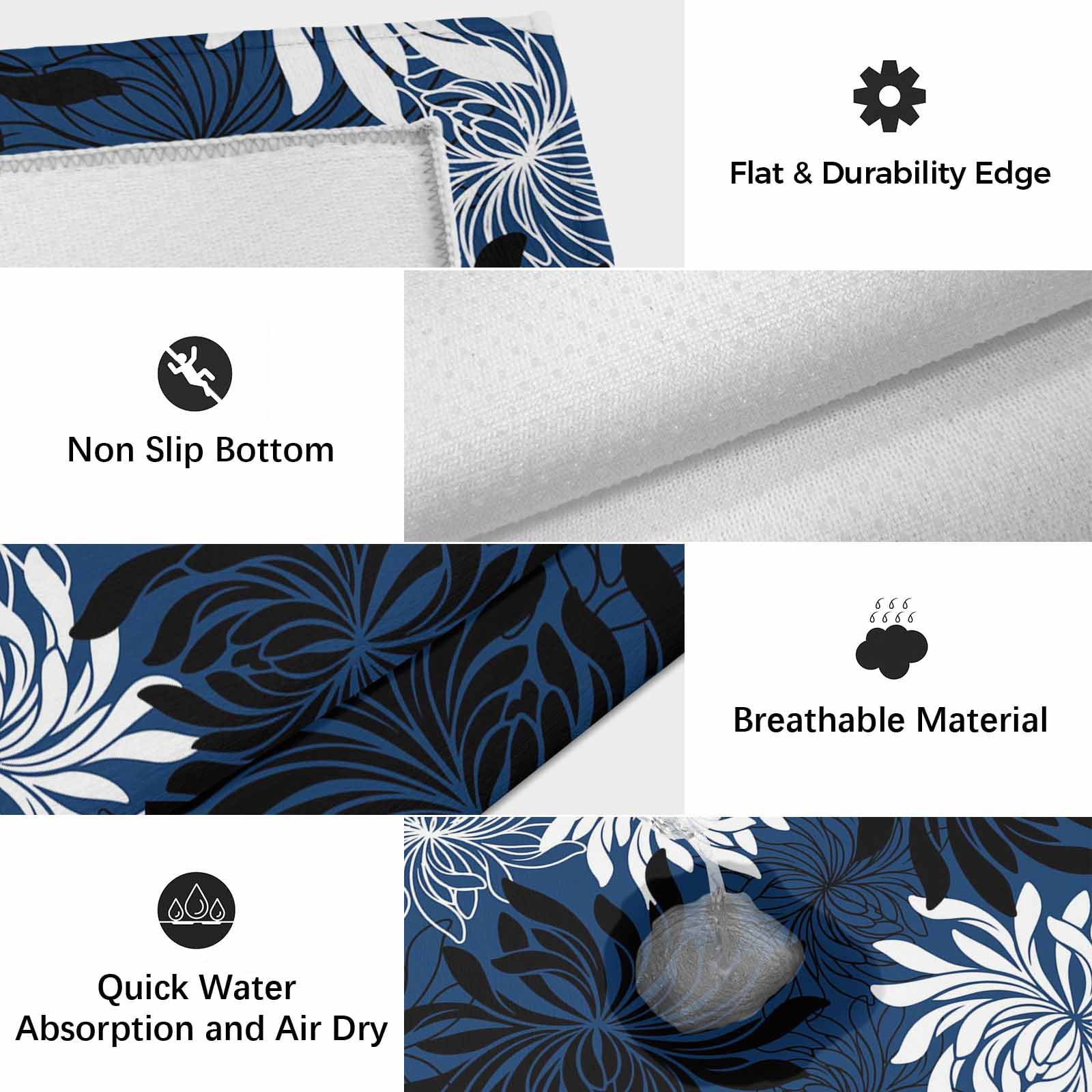 Blue Black Flowers Outdoor Rug for Patio/Deck/Porch, Non-Slip Large Area Rug 5 x 7 Ft, Modern Abstract Blooms Floral Indoor Outdoor Rugs Washable Area Rugs, Reversible Camping Rug Carpet Runner