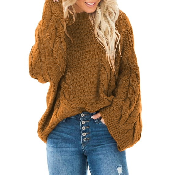 Asyoly Women Cable Knit Sweater Long Batwing Sleeve Crewneck Chunky Oversized Pullover Casual Loose Jumper Winter Warm Tops