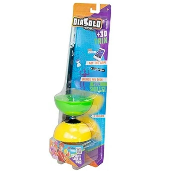 DIABOLO by Funtrix, Spin Like a Pro, Beginner to Expert Levels, Strong Fiberglass Sticks, Comfortable Foam Handles, Durable Braded Cord, Funtrix App Included, 30 Tricks, Green & Yellow, Ages 6 