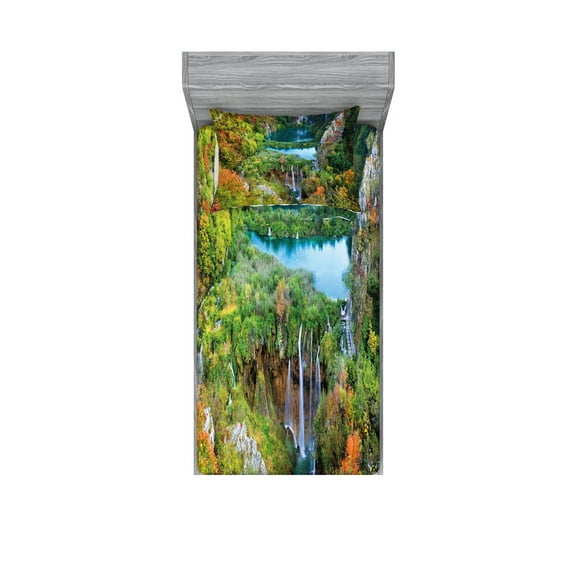 Ambesonne Fall Fitted Sheet & Pillow Sham Set, Scenic Fall Valley Lakes, Twinxl, Green Blue Orange