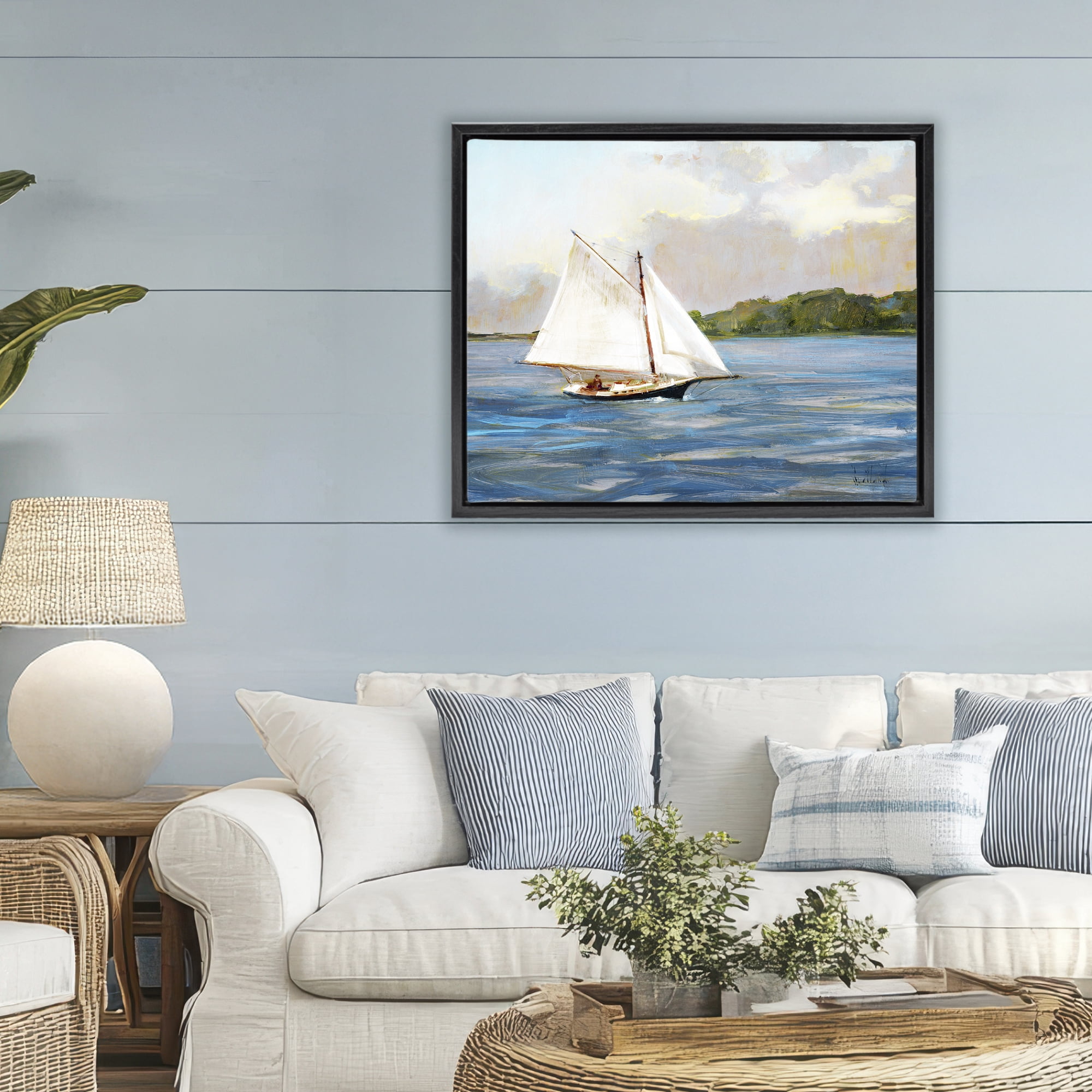 Stupell Industries White Sailboat on Calm Blue Sea Black Framed Floater Canvas Wall Art, design by Katie Swatland