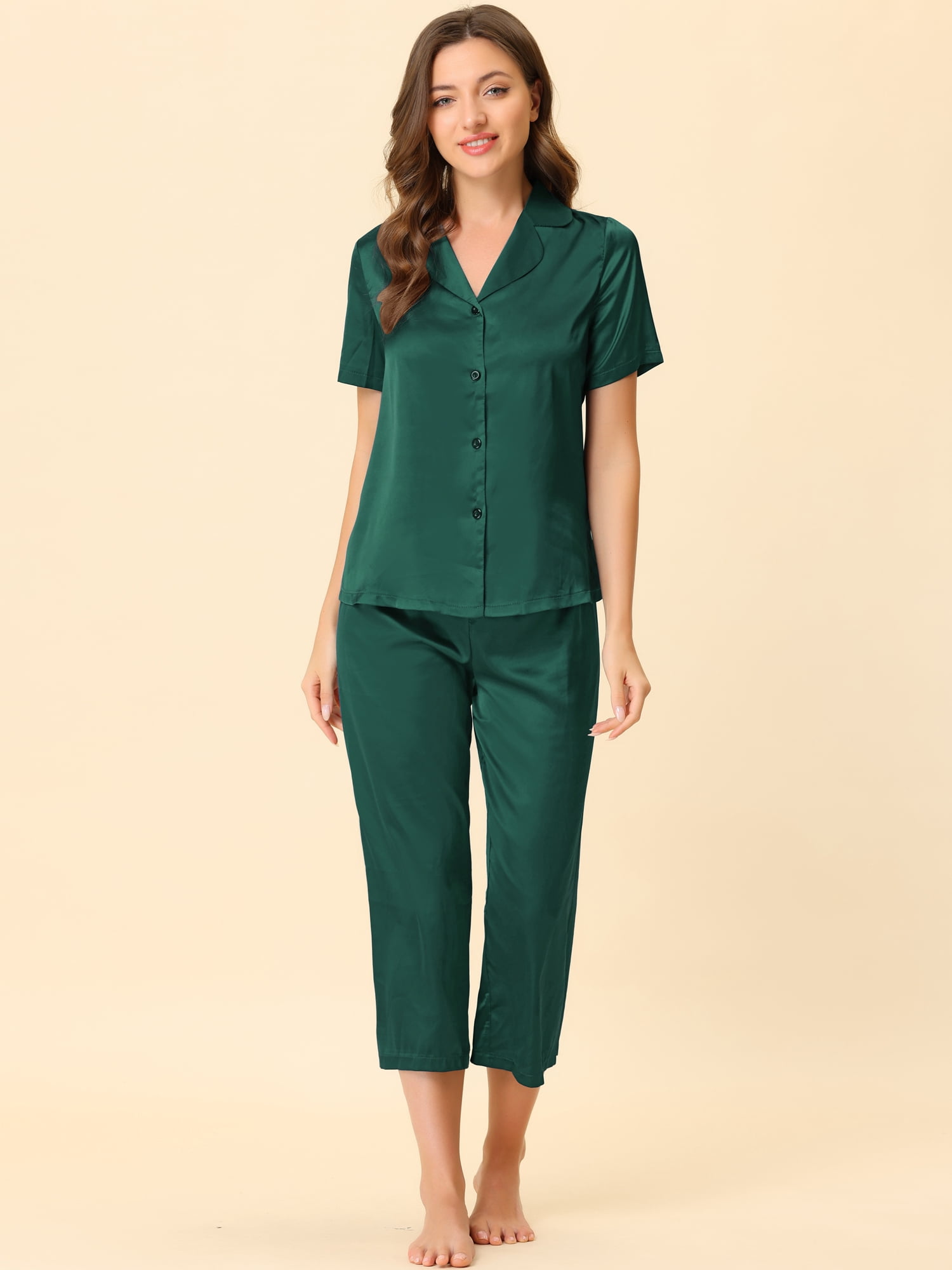 DARING DIVA Women's Satin Button Down Pajamas Sets S Bright Green