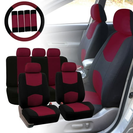 Cadillac Sedan Deville Set - FH Group Car Seat Covers Flat Cloth for Sedan, SUV, Van, Full Set w/ Steering Cover & Belt Pads, Burgundy Black