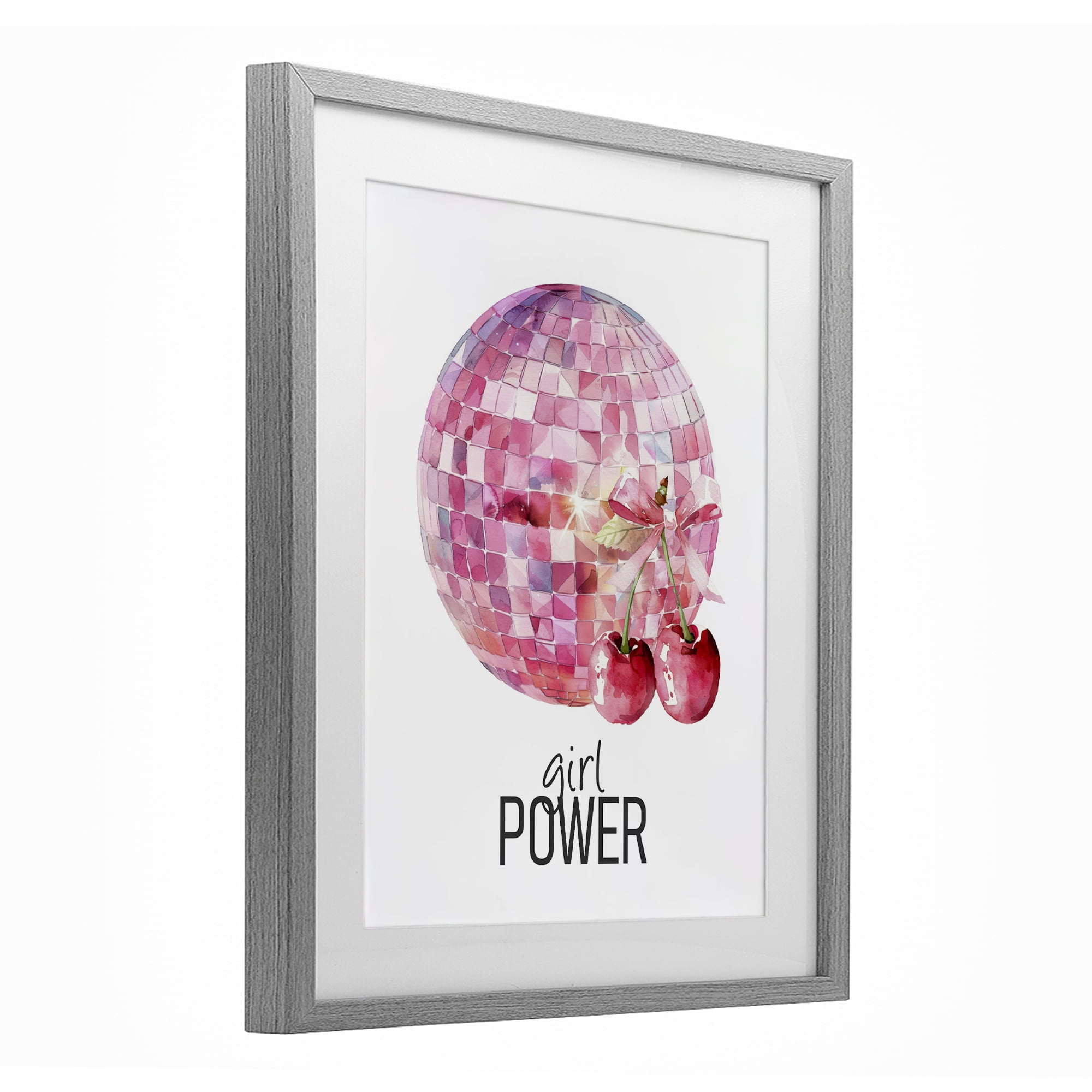 Girl Power Disco Cherries Gray Framed Print Under Glass, design by Kim Allen