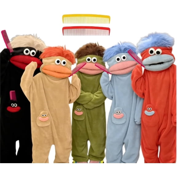 Guvpev Silly Big Mouth Monster Onesie Pajamas with Comb Prop, Funny Puppet Mascot Costume, Plush Cosplay One Piece Pajamas, Oversized Cozy Hooded Loungewear