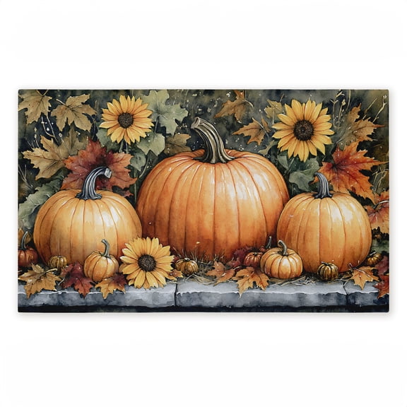 Autumn Pumpkins on Ledge Printed Outdoor Door Mat, design by Creative Studio, 18"x30"