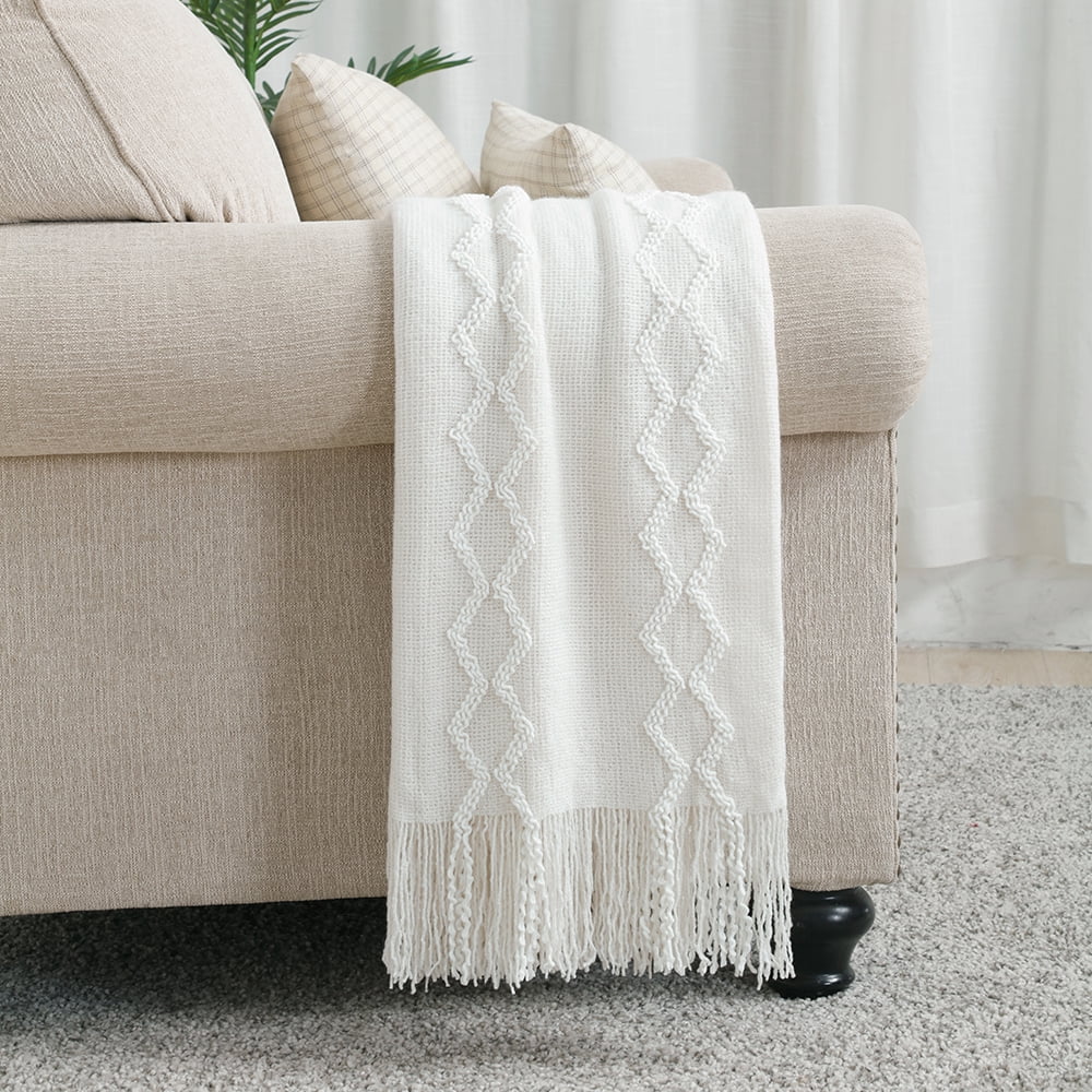 Bourina Fluffy Chenille Knitted Fringe Throw Blanket, Lightweight Soft Cozy Bed Sofa Chair Blanket, White, 50" x 60"