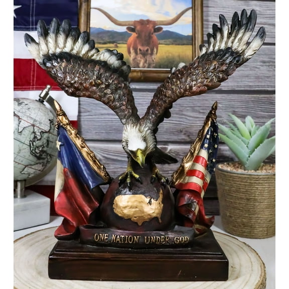 Bald Eagle On Globe With Texas & American Flags Figurine One Nation Under God