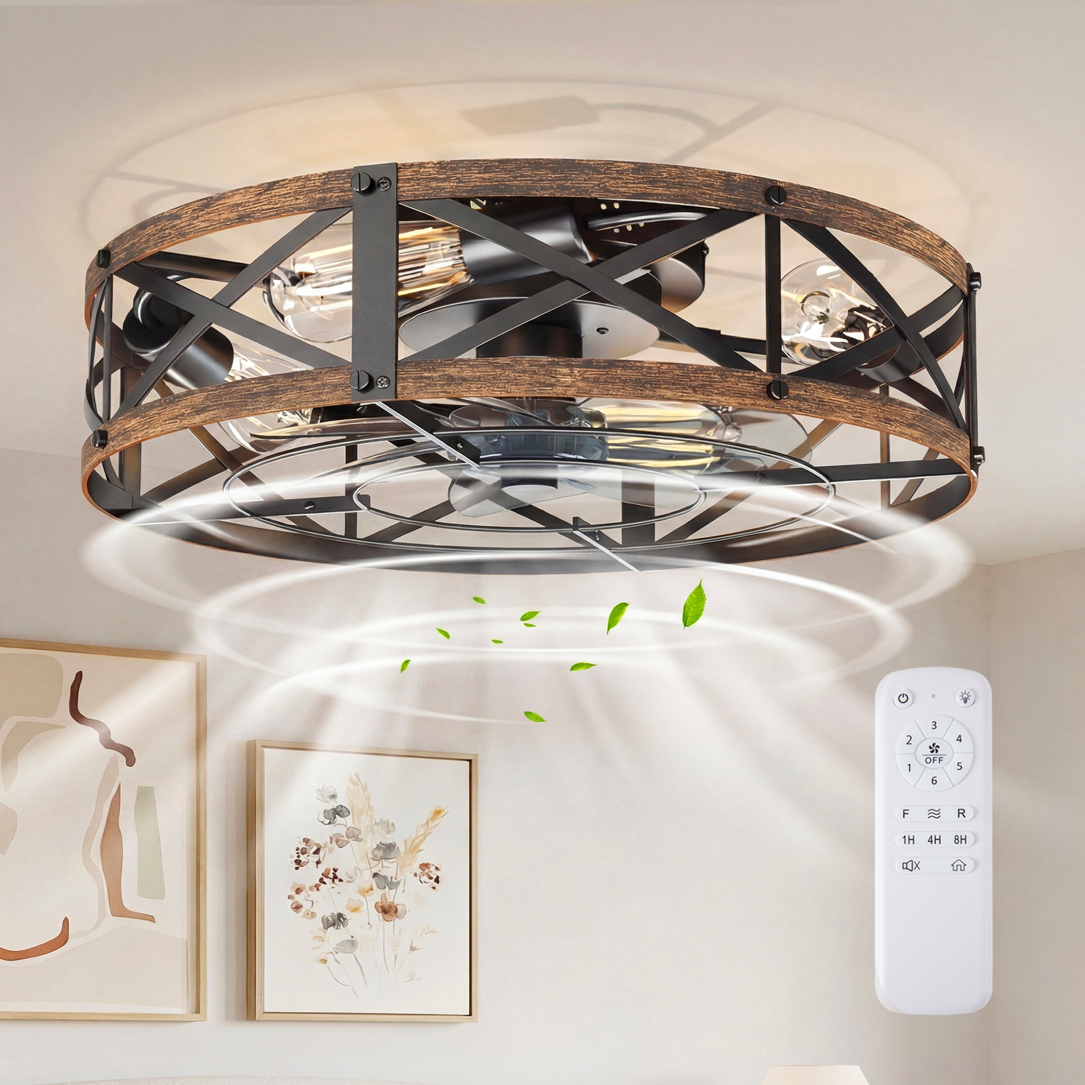 edx 22" Farmhouse Flush Mount Ceiling Fan with Light & Remote, Reversible Blades, Bladeless Safety Cage, 6 Speeds, 8H Timer, Rustic Low Profile Ceiling Fan for Bedroom Kitchen Living Room, Gold