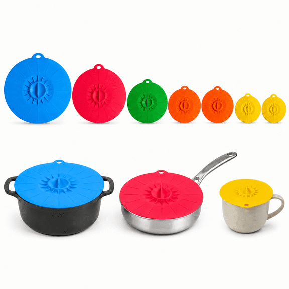 RYLZX 7 Pack Silicone Lids, Microwave Splatter Cover, 5 Sizes Reusable Heat Resistant Food Suction Lids fits Cups, Bowls, Plates, Pots, Pans, Skillets, Stove Top, Oven
