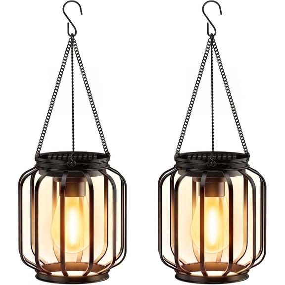 Diigabo 2-Pack Solar Hanging Lanterns Outdoor Metal Waterproof LED Lights with Hook Warm Bright Decorative Lanterns for Yard Garden Patio