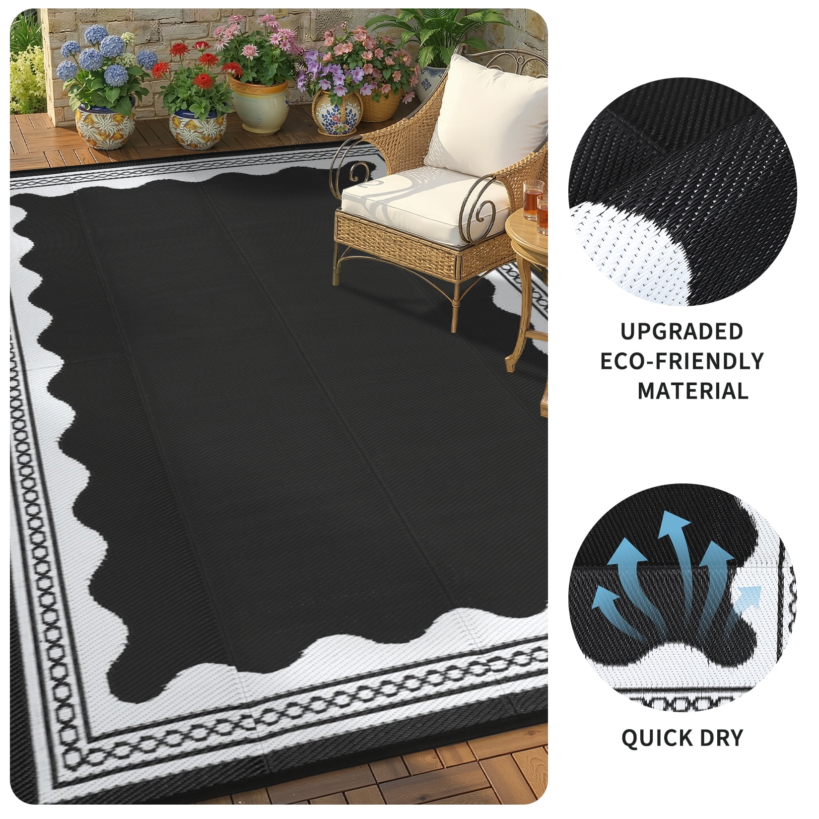 Garvee Outdoor Rug 8x10ft Modern Bordered Reversible Plastic Straw Rug, Waterproof RV Camping Rug Foldable Patio Rug for Deck Porch Balcony Backyard Picnic Beach, Black/White
