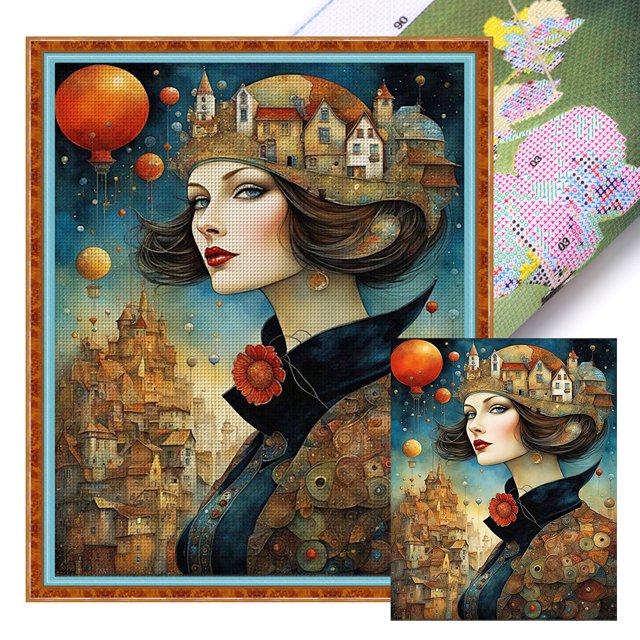 (11CTACC-5502__C__40X50) Hilo algodón ecológico bordado 11CT 3 hebras impresión 40*50cm kit serie personajes punto cruz mujer retro