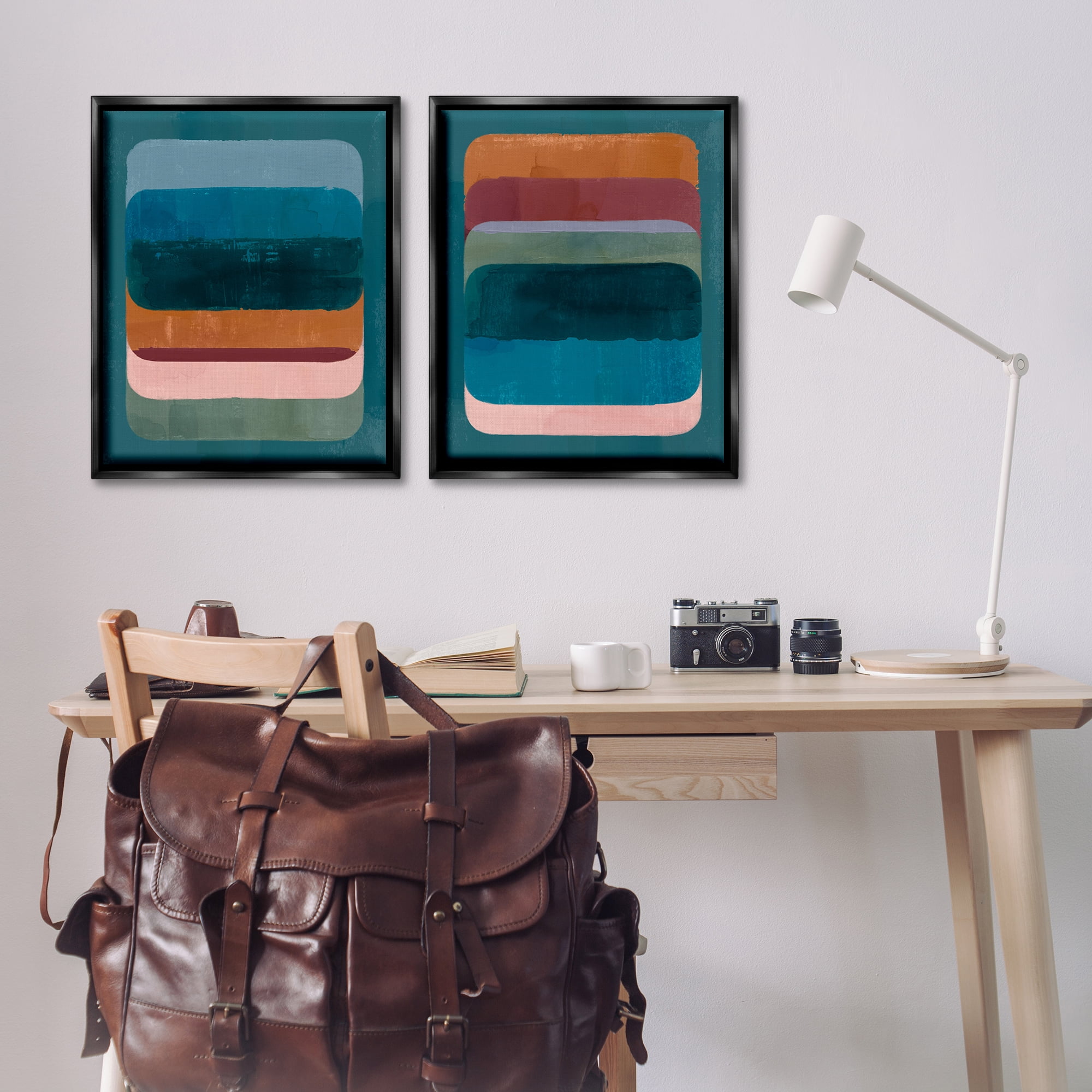 Stupell Industries Abstract Teal Stacked Colors Abstract Painting Black Floater Framed Canvas Art Print Wall Art, 31 x 25, Set of 2