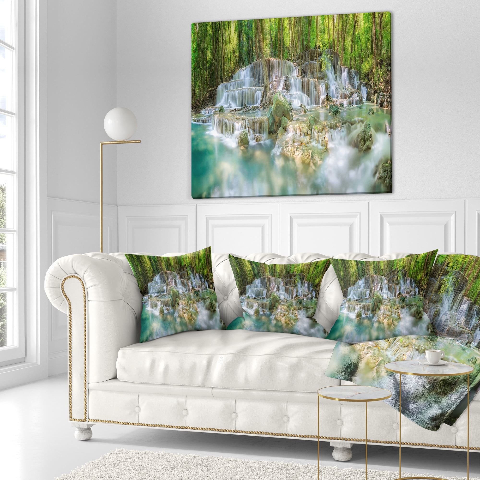 Designart Level 6 of Huaimaekamin Waterfall - Landscape Printed Throw Pillow - 18x18