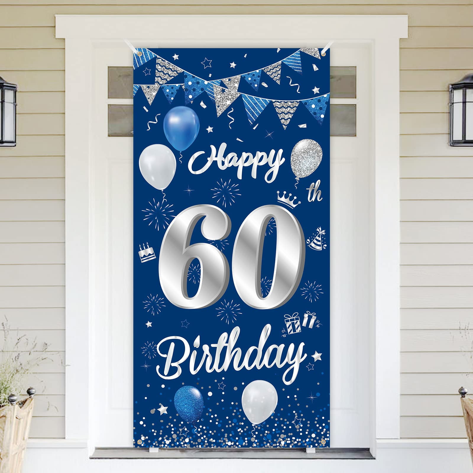 Happy 60th Birthday Door Cover,BTZO Blue Silver Birthday Party Decoration  60th Birthday Background Banner for Men Boys Garden Wall Door  Decoration,185 x 90cm 