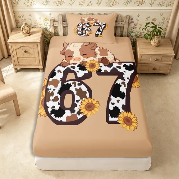 Manfei Kawaii Sunflowers Cattle Twin Fitted Sheet 2 Pieces,Number 67 Graphic Cow Print Bedding,Beige White,1 Fitted Sheet and 1 Pillowcase