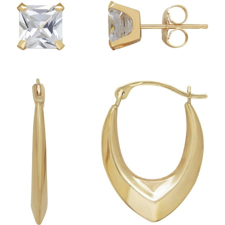 Simply Gold 10kt Yellow Gold 6mm CZ Square Stud and Chevron Hoop Earring Set