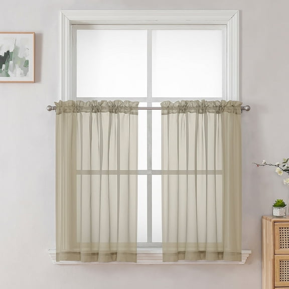 OVZME Kitchen Sheer Window Tiers 2 Panels Set, Top Dual Rod Pocket Short Dining Solid Sheer Curtains Window Treatment for Small Windows/Bathroom/Cafe/Living Room/Farmhouse, 42W x 24L, Taupe