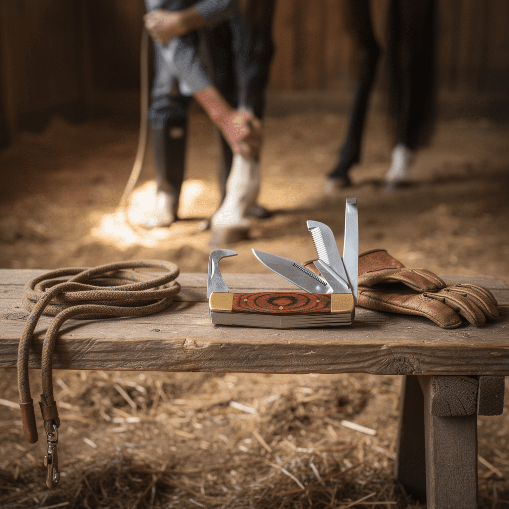 Rite Edge 4 Inch Rancher’s Horse Hoof Multitool Stainless Steel Hoof Pick Knife with Wood Handle, Hair Thinning Blade & Nylon Sheath