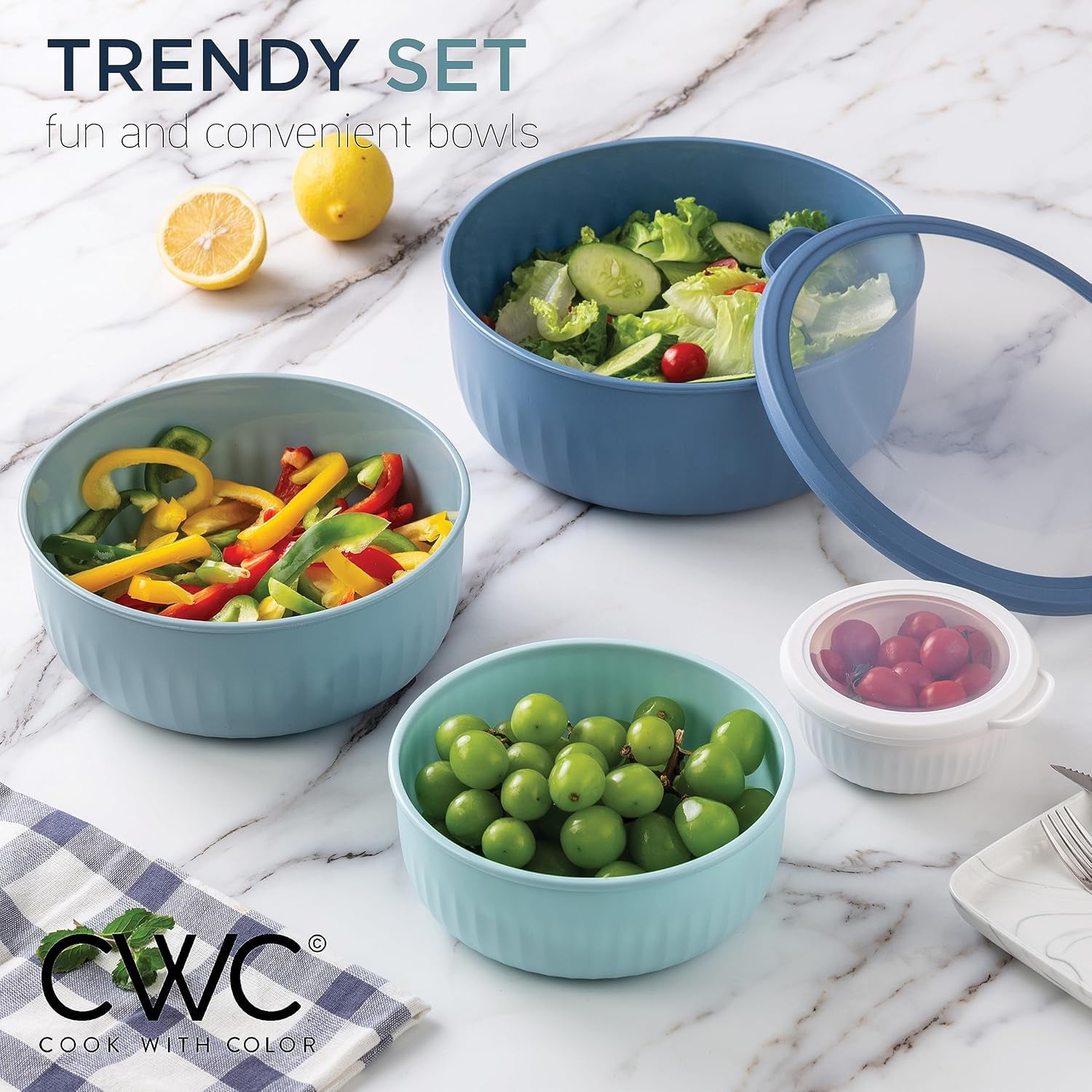 COOK WITH COLOR Meal Prep Containers Wide Mixing Bowls Food Storage Containers with Lids, Blue 12 Pcs