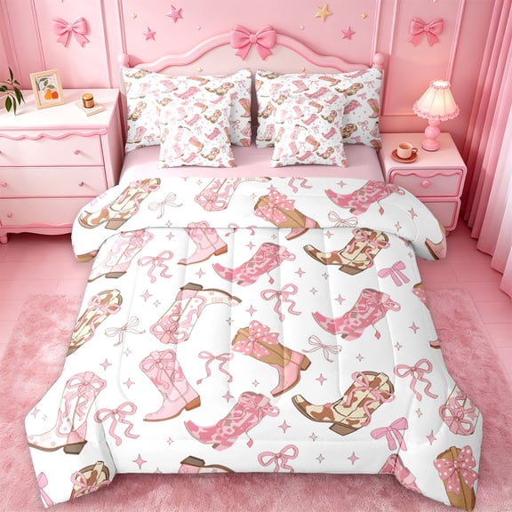 jejeloiu Pink Cowgirl Boot Bow 7-Piece Twin Bedding Sets Kids,Cute Western Print Bedding Comforter Set,Reversible