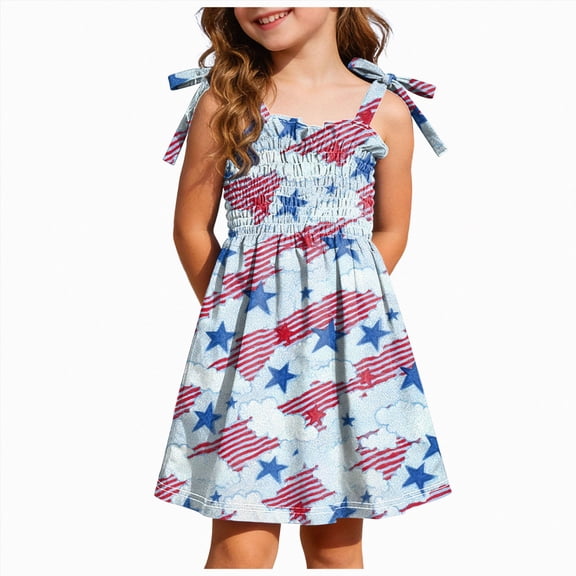Linfrsh Girls Summer Dresses Patriotic 4th of July American Flag Dresses Flare Sleeveless Summer Round-Neck Dresses(Sky Blue,4-5 Years)