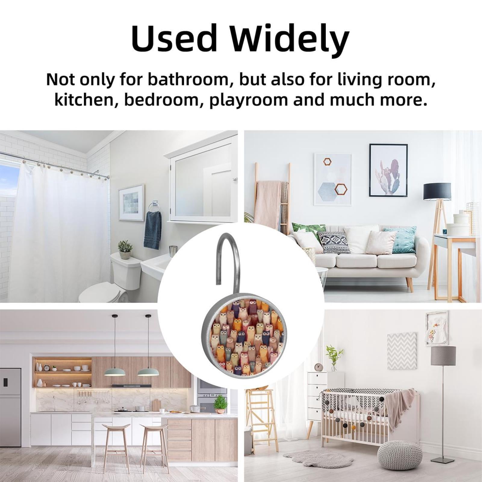 12pcs Decorative Shower Curtain Hooks, Rust Resistant Shower Rings for Bathroom Living Room,Rustproof Stainless Steel Rings for Shower Curtain and Liner Rods,Owls Background