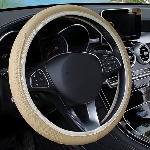 MELIVO Car Steering Wheel Cover With Long-lasting PU Leather, Universal 15 Inch Fit For Car Truck SUV, Breathable Slip Auto Steering Wheel Covers For Men And Women Beige