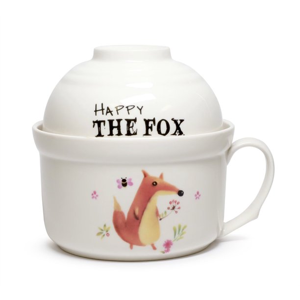 Cute Microwavable Ceramic Noodle 2 Bowls Set with Handle And Smiling