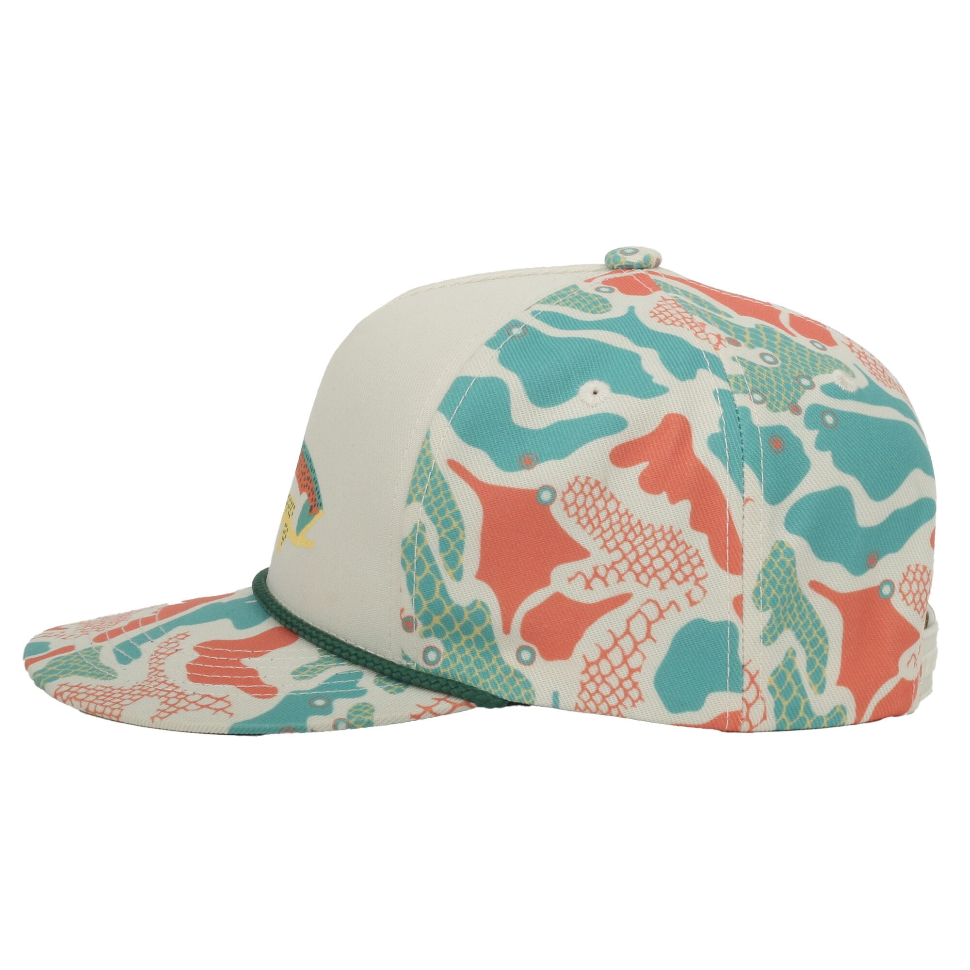 Outdoor Cap Trout Fishing 5-Panel Structured Hat – Flat Visor with Rope, Sublimated Camo Print, Ivory, One Size