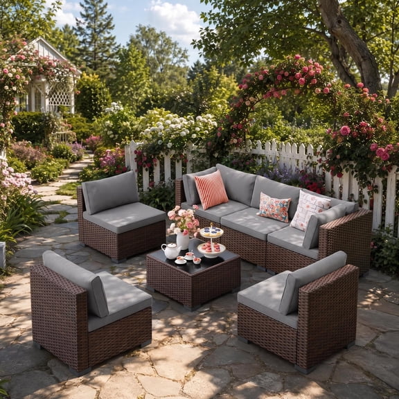 Lofka 7-Piece Outdoor Patio Furniture Set, PE Wicker Rattan Sectional Sofa with Gray Cushions & Glass Table, All-Weather Backyard Deck Poolside
