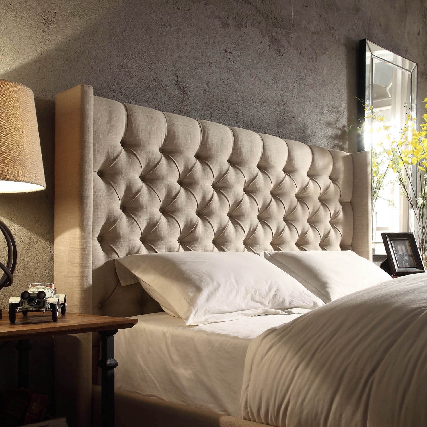 Weston Home Melford Wingback Tufted Linen King Headboard Dark Grey Finish