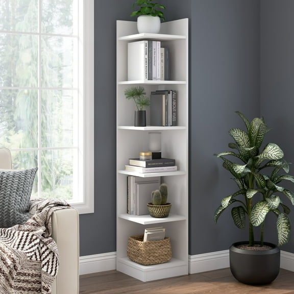 Universal 15W Tall Corner Bookshelf in White - Engineered Wood