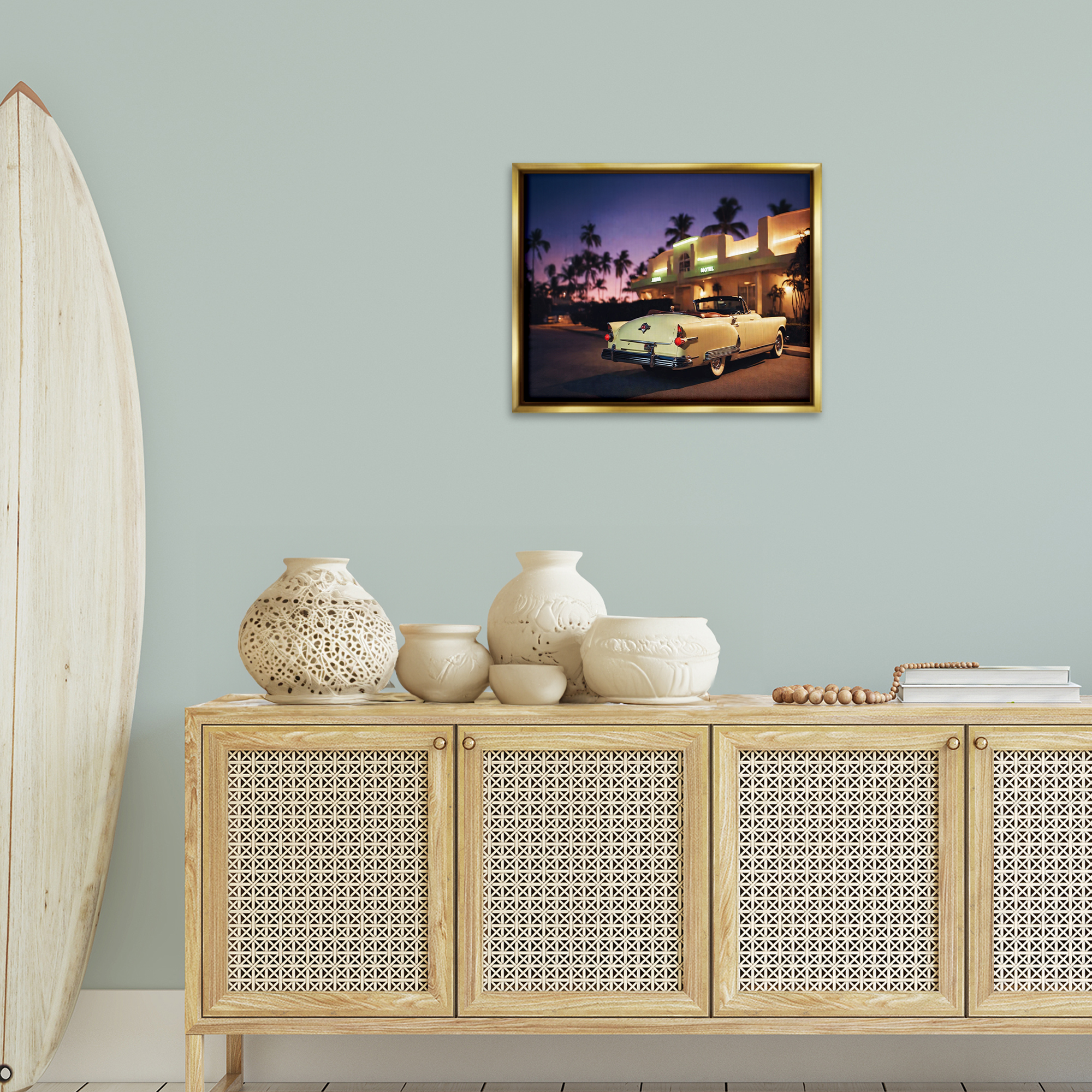 Stupell Industries Antique Car Tropical Motel Transportation Painting Gold Floater Framed Canvas Art Print Wall Art, 21 x 17