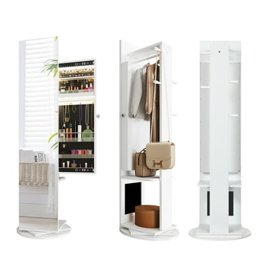 Dextrus 360° Swivel Side Opening Jewelry Armoire with Full Length Mirror, Jewelry Organizer Armoire, Floor Standing Lockable Jewelry Armoire, Rear Storage Shelf, White