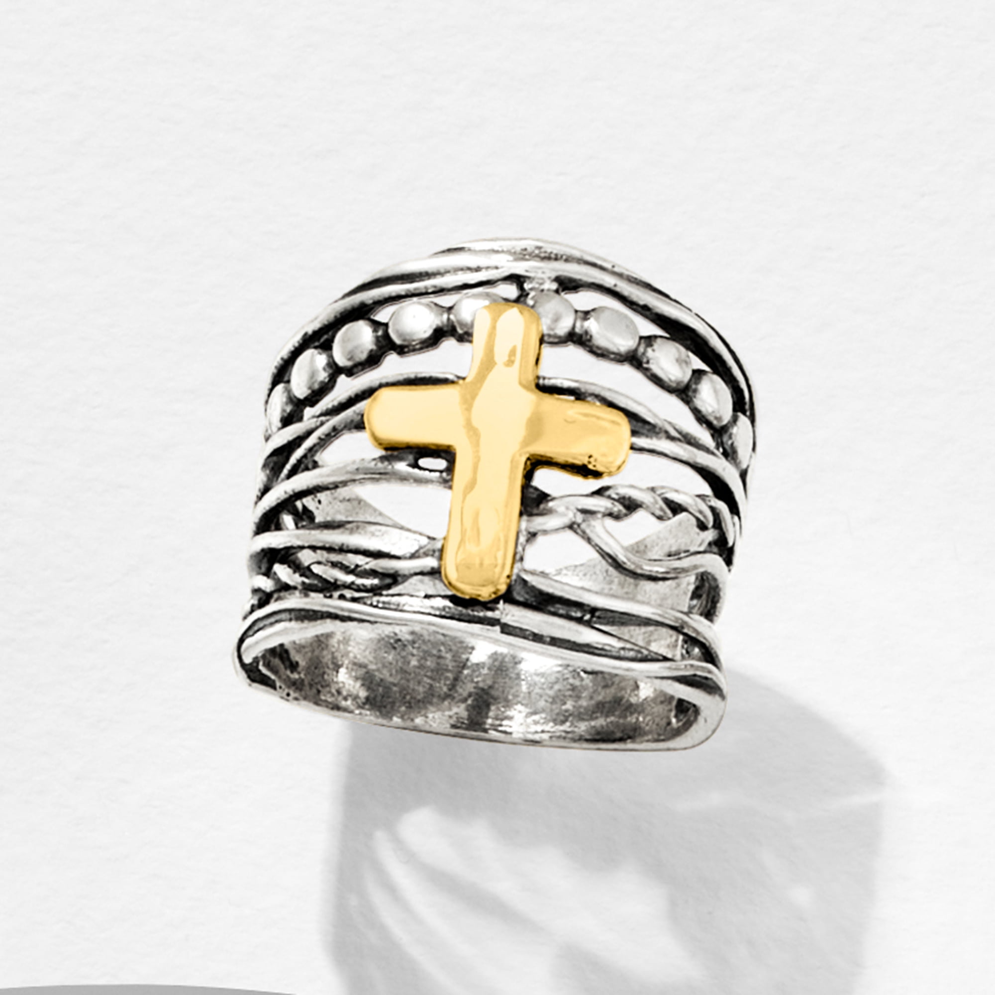 Ross-Simons Sterling Silver and 14kt Yellow Gold Multi-Row Cross Ring, Women's, Adult