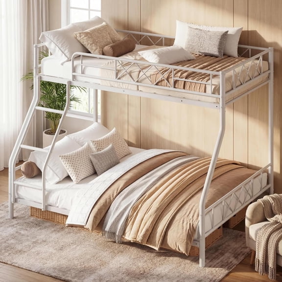 Twin Over Full Low‑Profile Metal Bunk Bed, 10‑Inch Full‑Length Guardrail, Anti‑Slip Ladder, 20 Reinforced Slats, Space‑Saving, No Box Spring Required,White